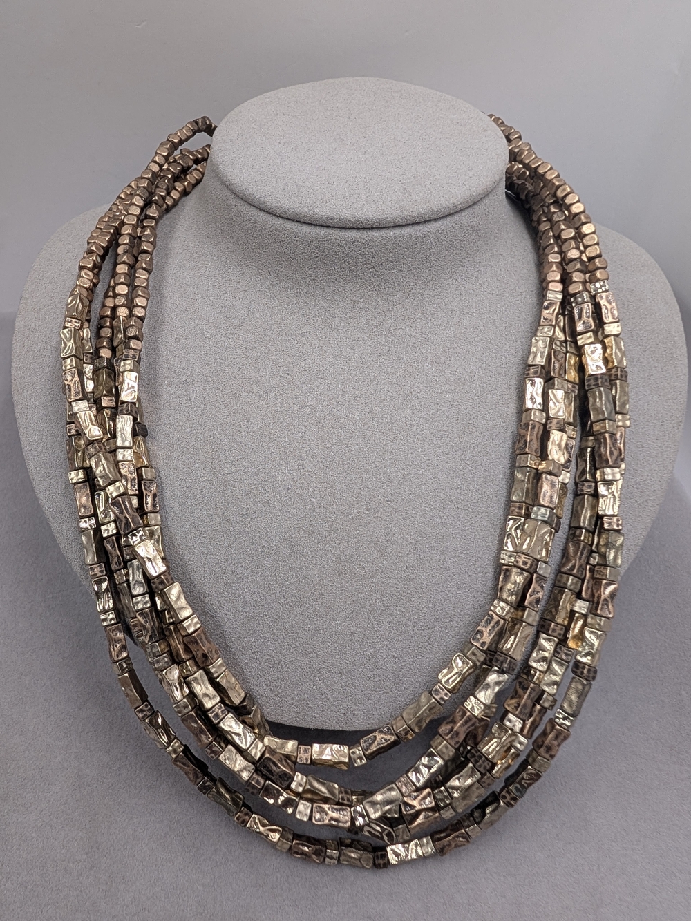 Chico’s Five Strand Bronze Mixed Metal Textured Bead Statement Necklace | 0040
